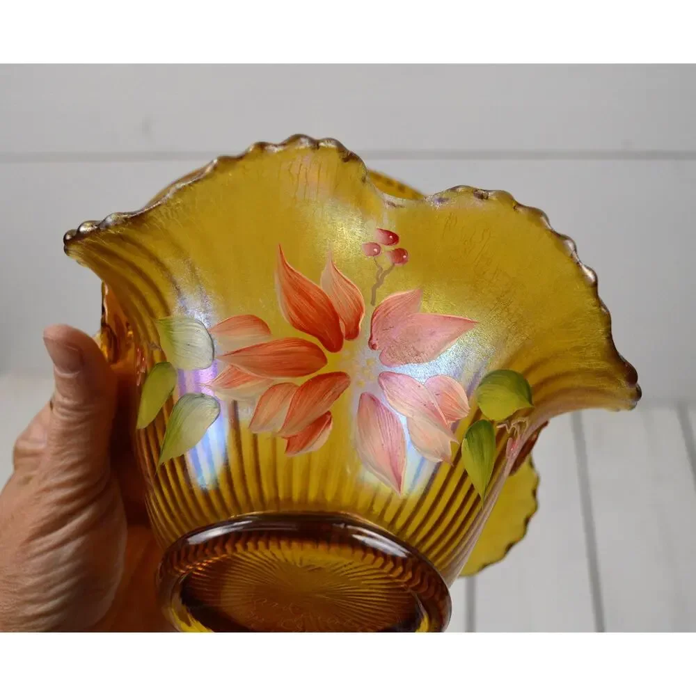 Vintage Fenton Amber Carnival Glass Basket, Christmas Poinsettia